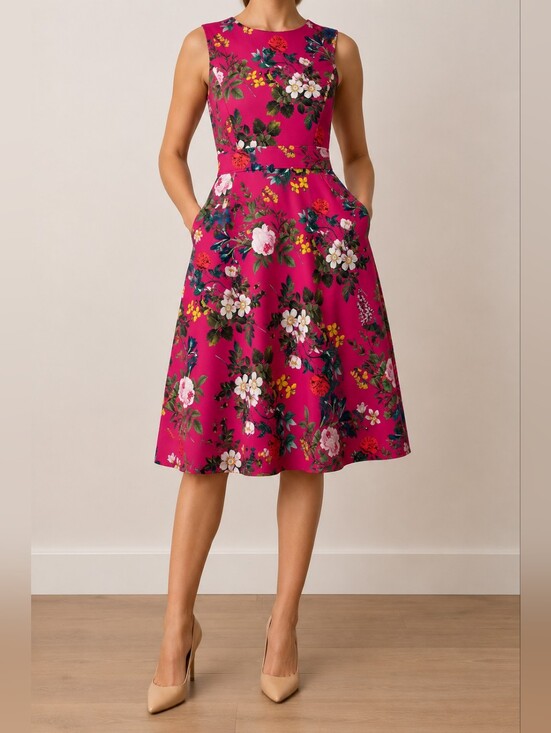 Calvin Klein Dresses & Skirts - Calvin Klein Floral Fit & Flare Dress Sz 4 Pink Sleeveless A-Line Pocket